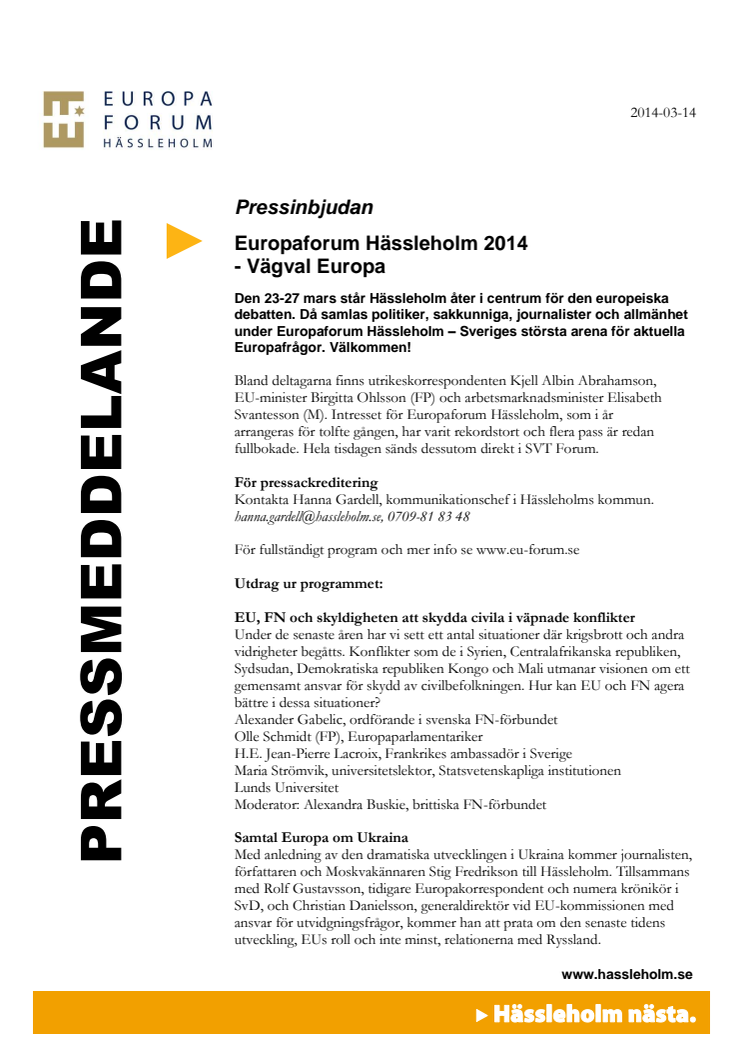 Pressinbjudan: Europaforum Hässleholm 2014 - vägval Europa