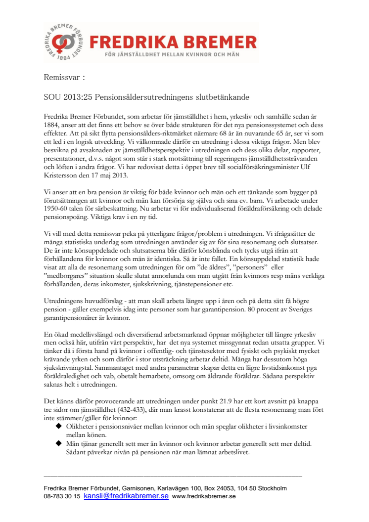 Remissvar på Pensionsåldersutredningen