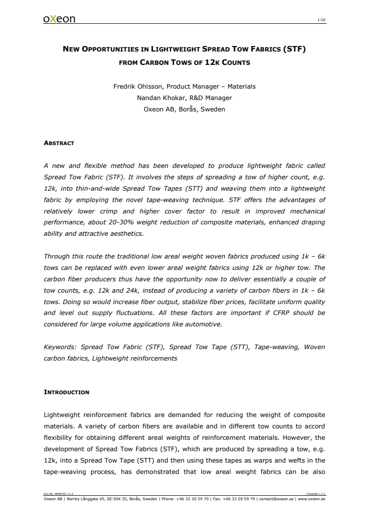 Paper - New opportunities in lightweight Spread Tow Fabrics (STF)