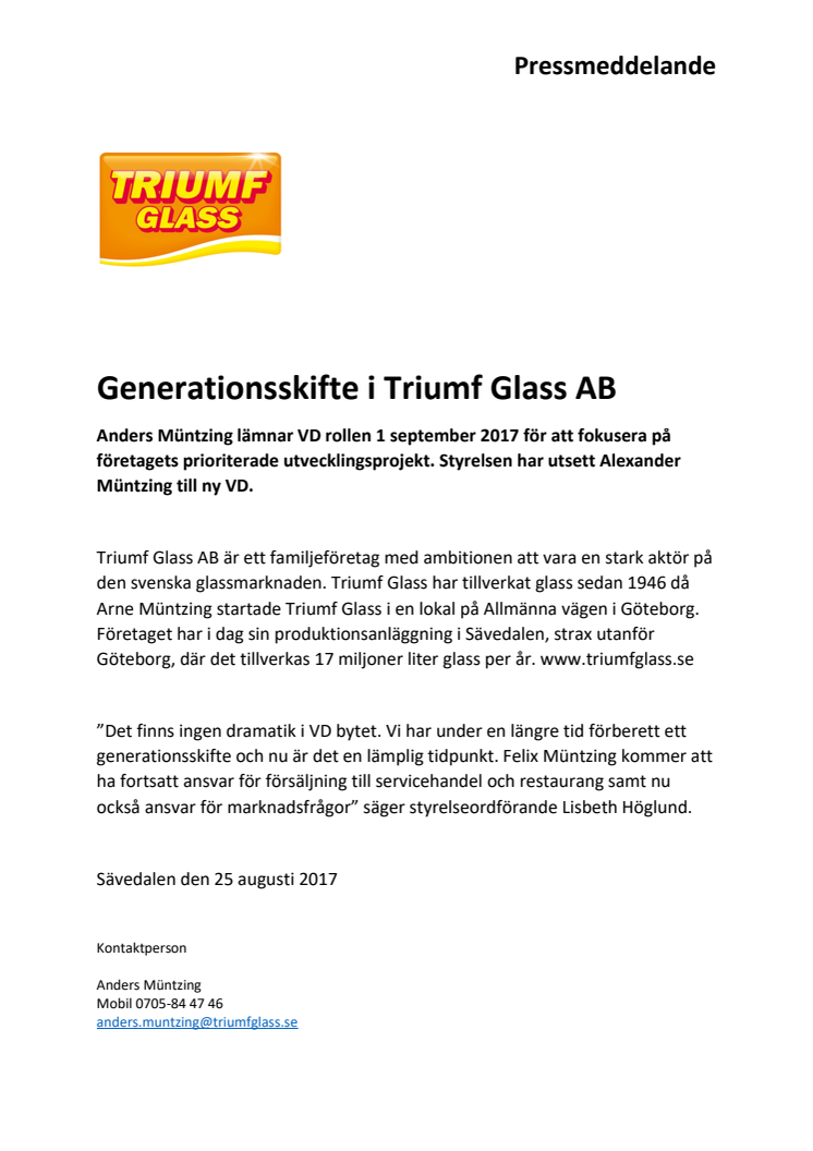 Generationsskifte i Triumf Glass AB