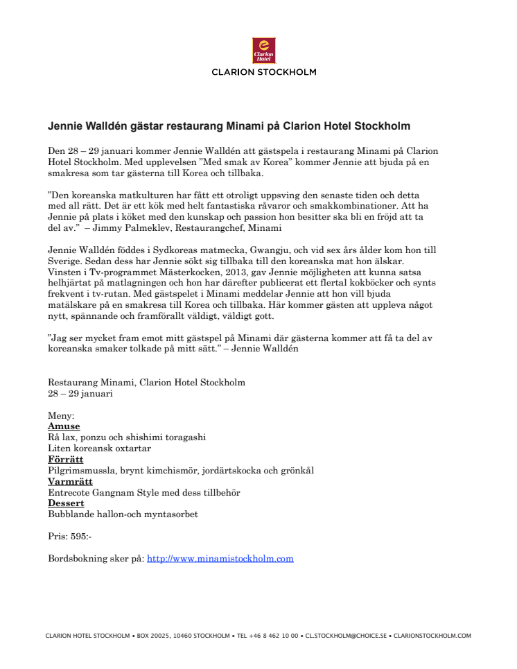 Jennie Walldén gästar restaurang Minami på Clarion Hotel Stockholm