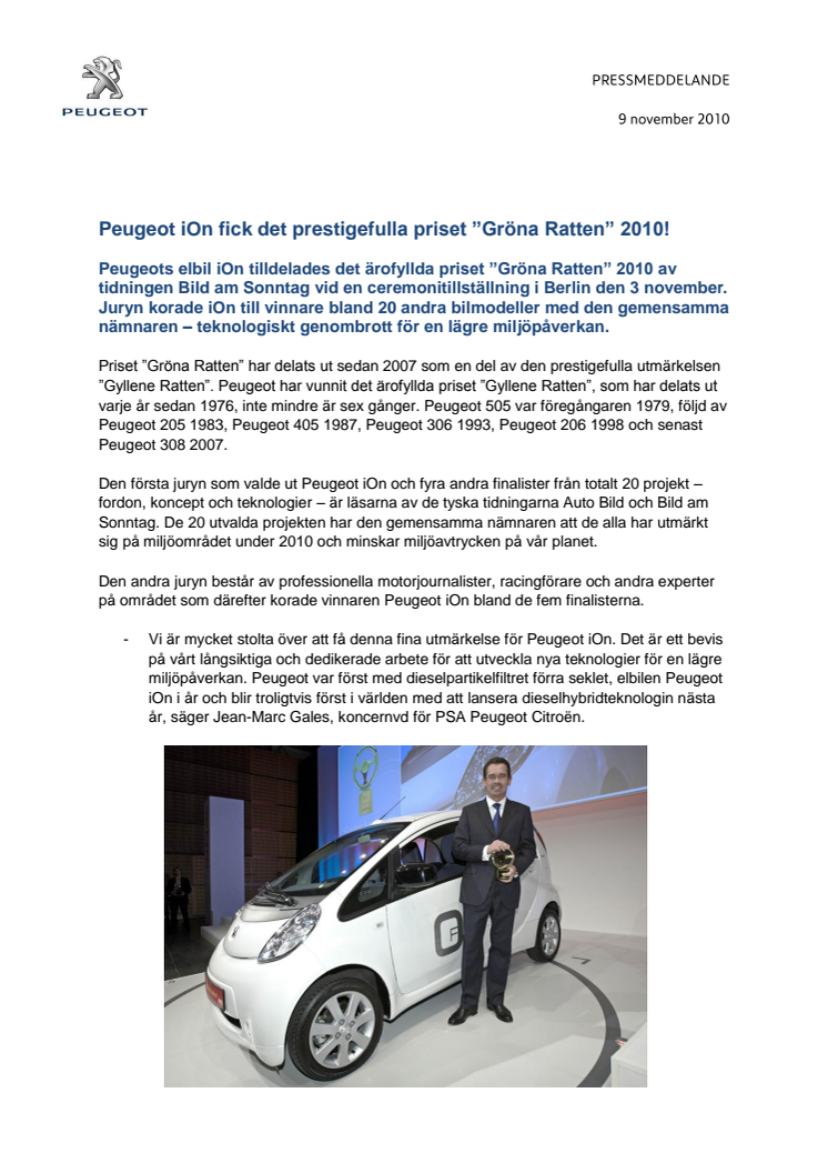 Peugeot iOn fick det prestigefulla priset ”Gröna Ratten” 2010