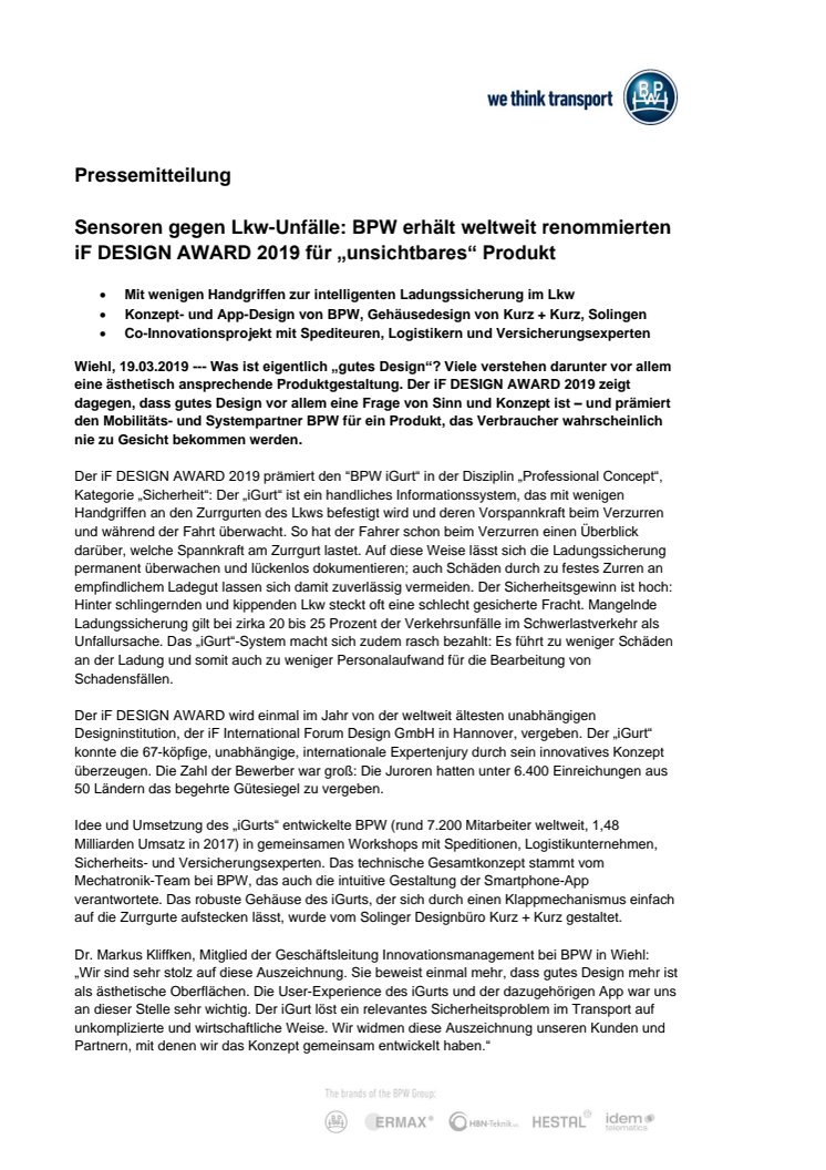 Sensoren gegen Lkw-Unfälle: BPW erhält weltweit renommierten iF DESIGN AWARD 2019 für „unsichtbares“ Produkt