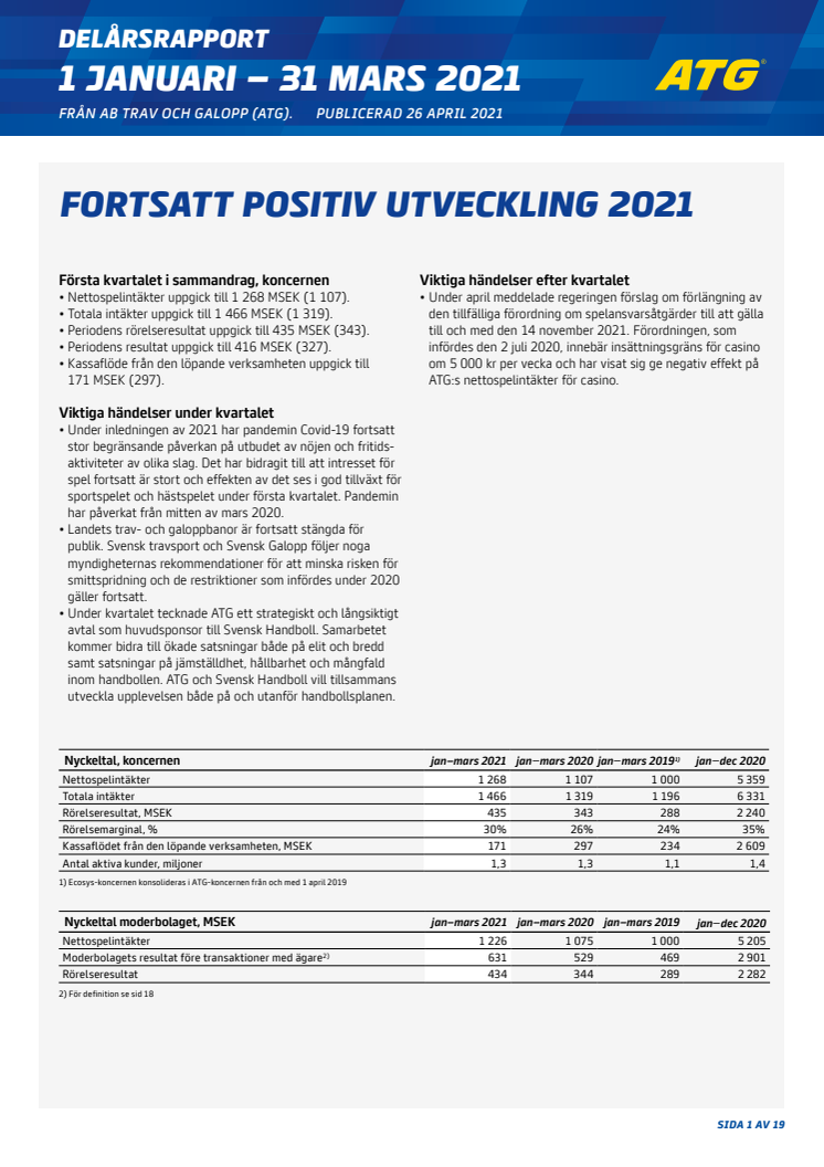 ATG Delårsrapport januari - mars 2021