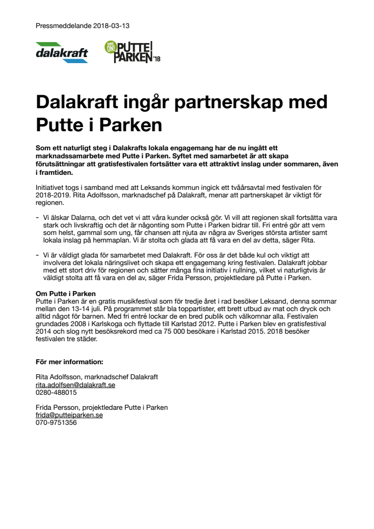 Dalakraft ingår partnerskap med Putte i Parken