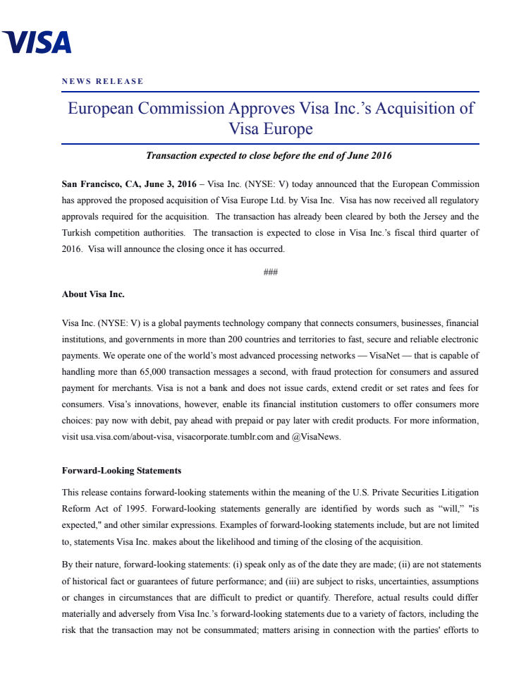 European Commission Approves Visa Inc.’s Acquisition of Visa Europe