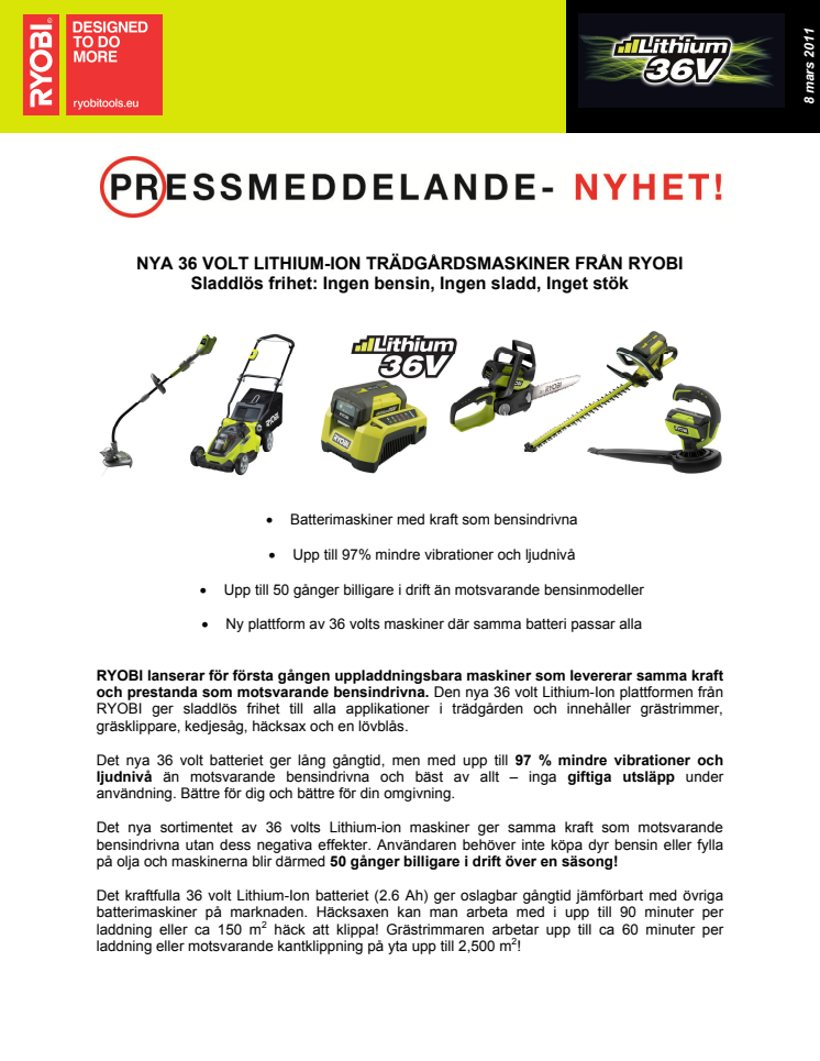 NYA 36 VOLT LITHIUM-ION TRÄDGÅRDSMASKINER FRÅN RYOBI - Sladdlös frihet: Ingen bensin, Ingen sladd, Inget stök 