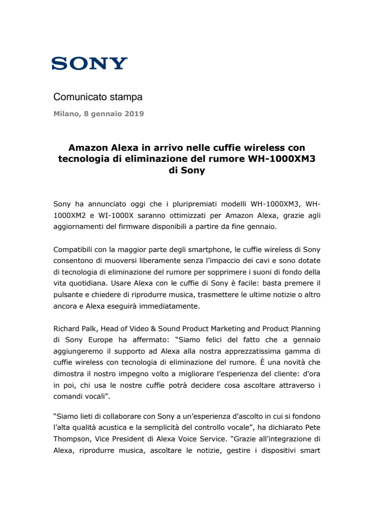  Amazon Alexa in arrivo nelle cuffie wireless con tecnologia di eliminazione del rumore WH-1000XM3 di Sony