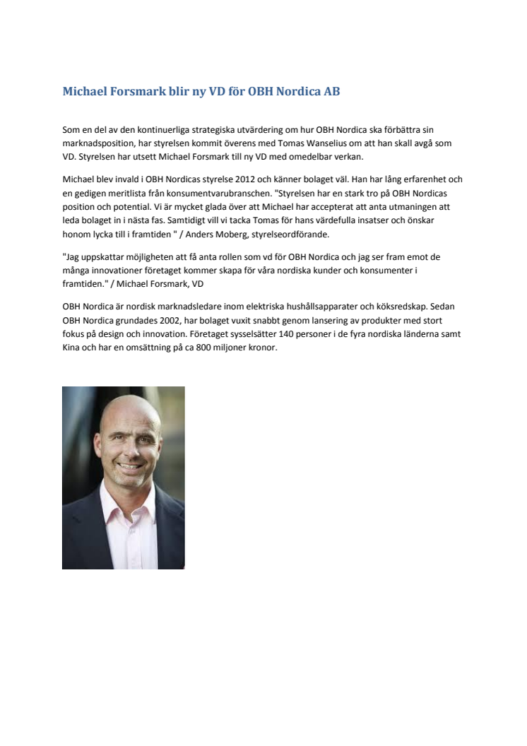 Michael Forsmark blir ny VD för OBH Nordica AB