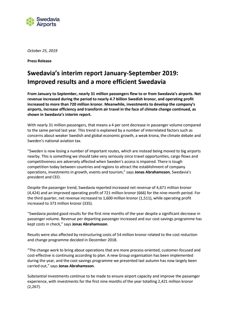 Swedavia’s interim report January-September 2019: Improved results and a more efficient Swedavia