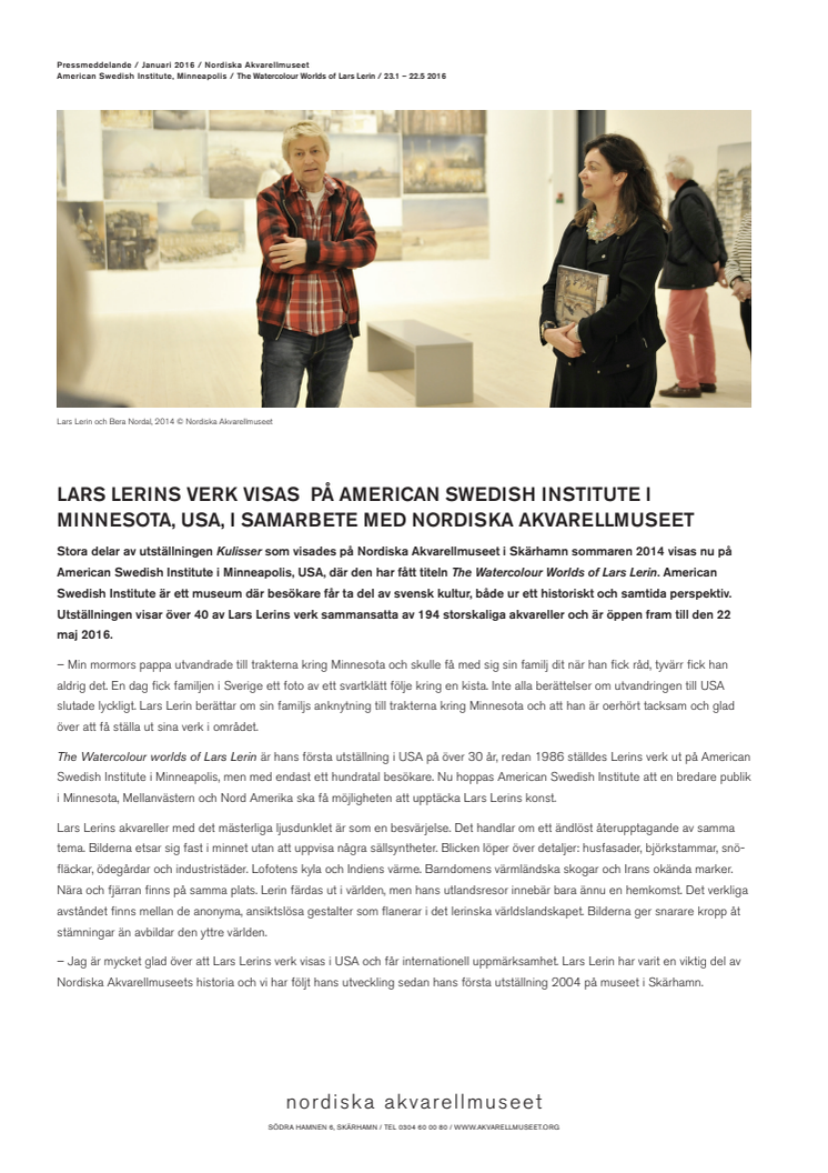 Lars Lerins verk visas i Minnesota, USA, i samarbete med Nordiska Akvarellmuseet