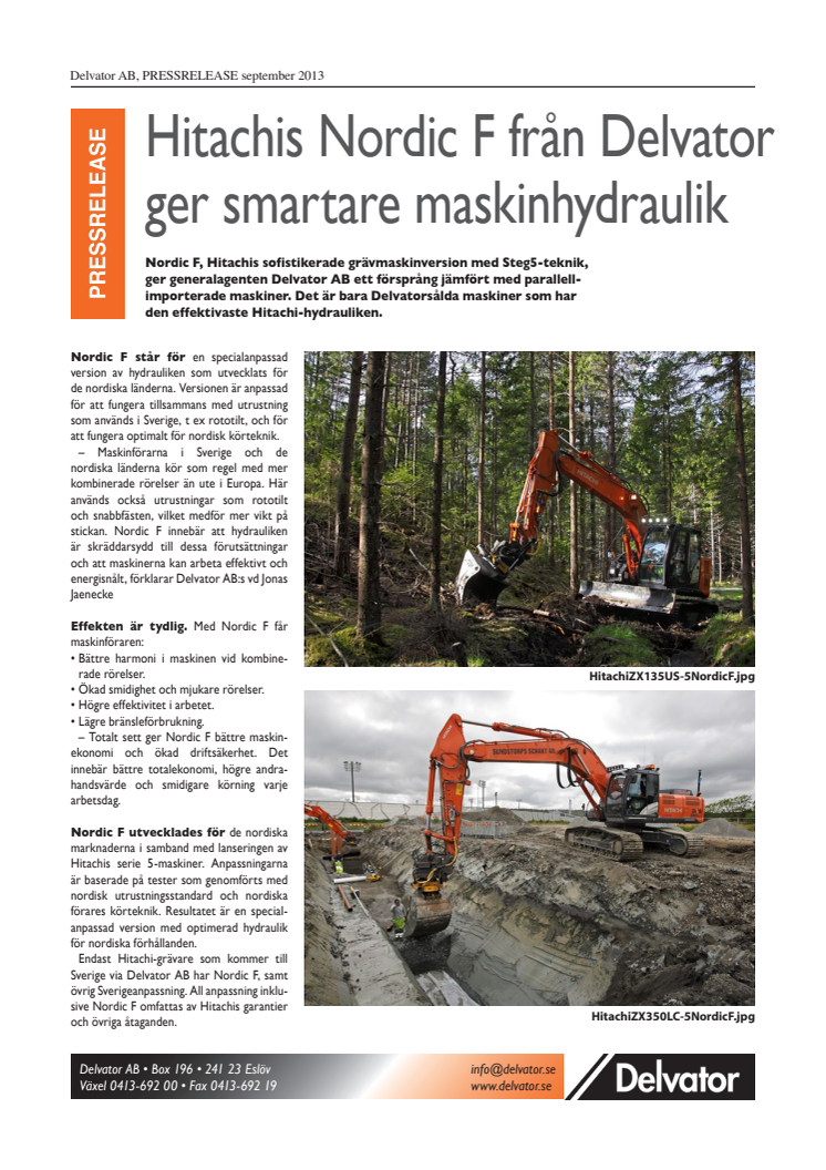 Hitachis Nordic F från Delvator ger smartare maskinhydraulik