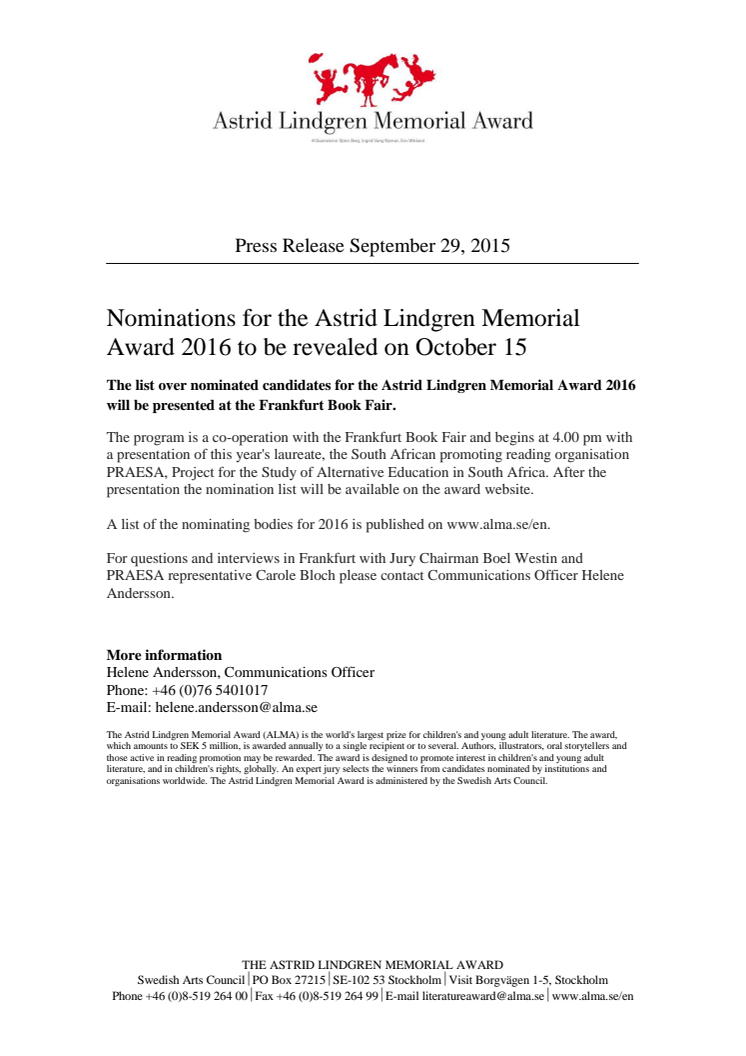 Nominations for the Astrid Lindgren Memorial Award 2016 to be revealed on October 15