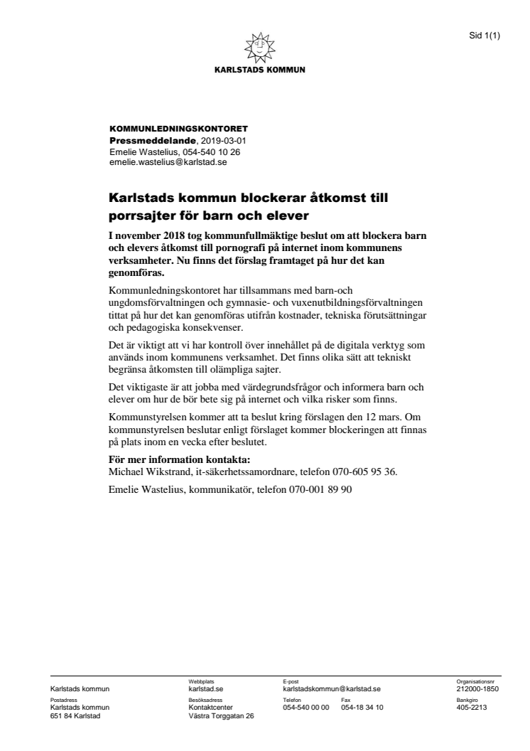 Karlstads kommun blockerar åtkomst till porrsajter för barn och elever