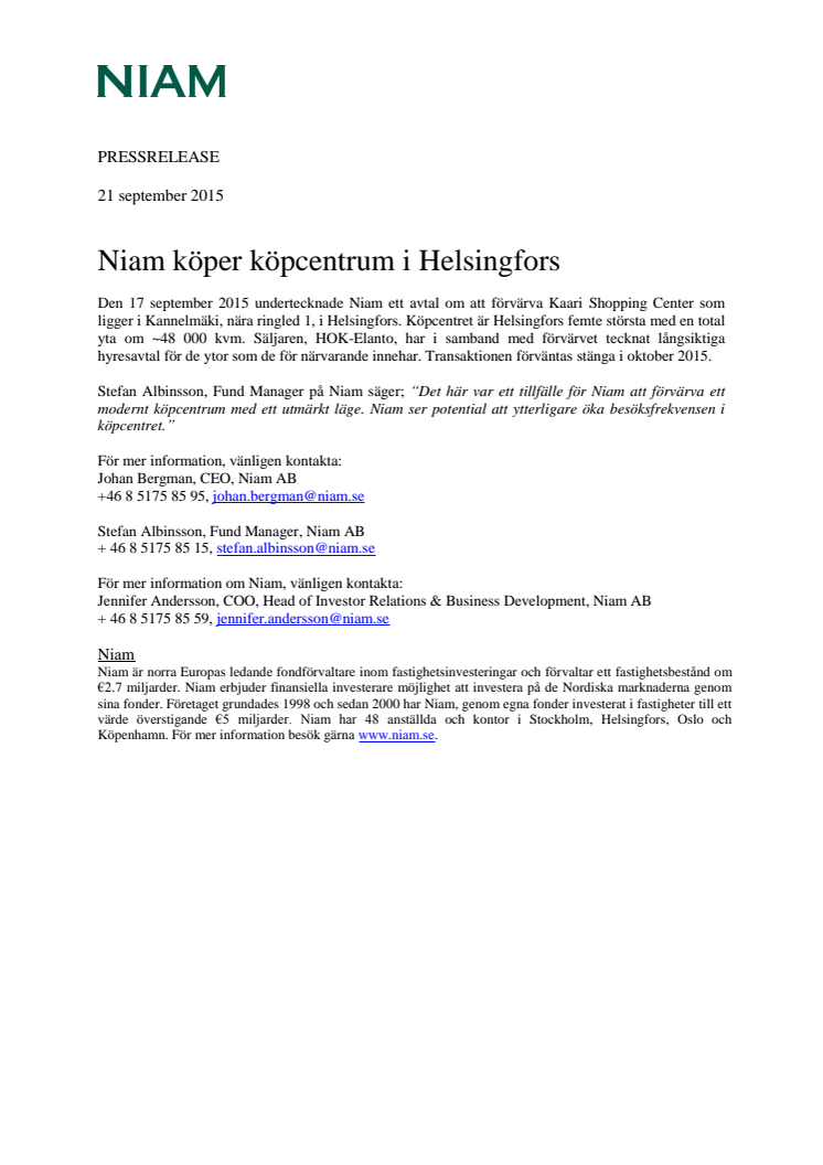 Niam köper köpcentrum i Helsingfors