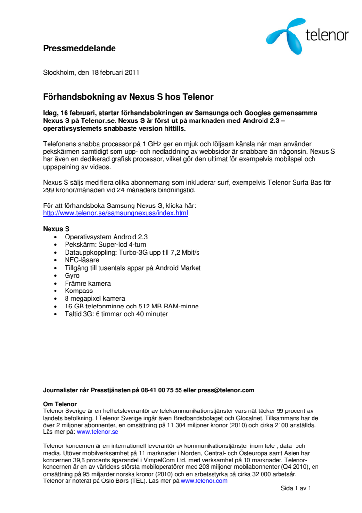 Förhandsbokning av Nexus S hos Telenor 