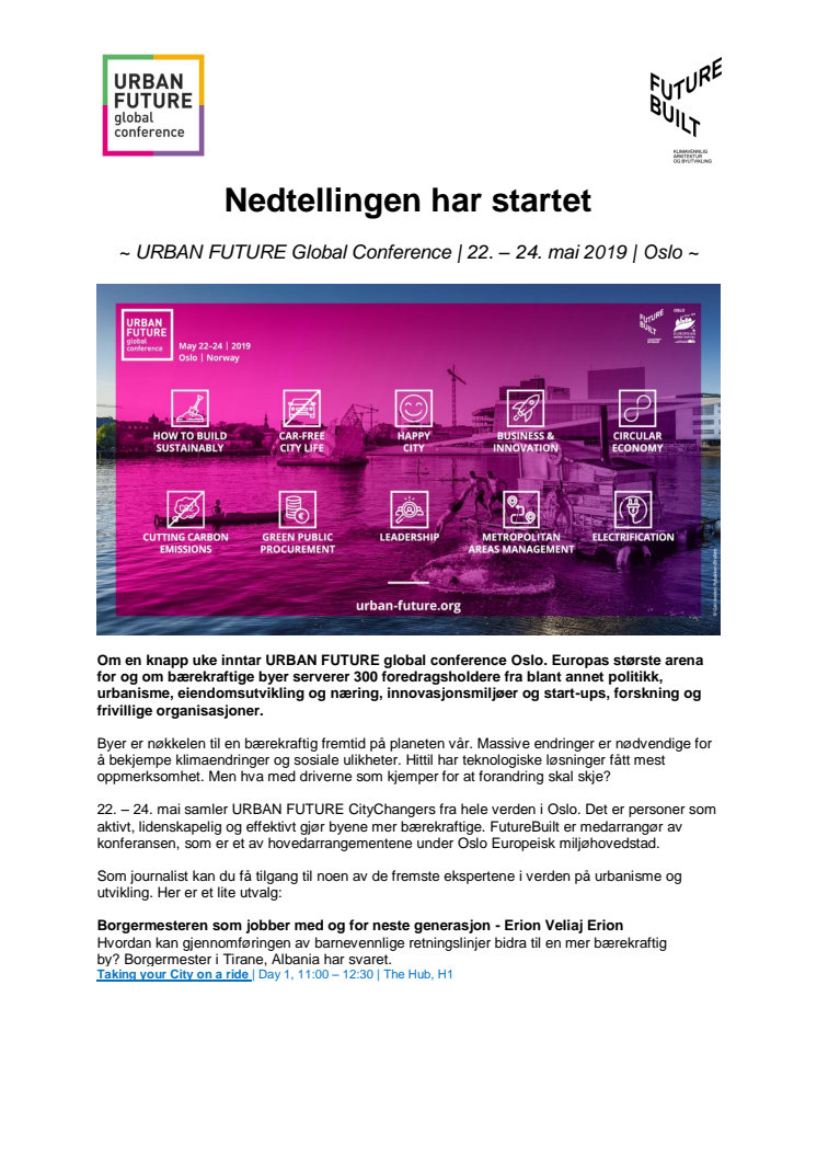 Nedtellingen har startet - URBAN FUTURE Global Conference | 22. – 24. mai 2019 | Oslo