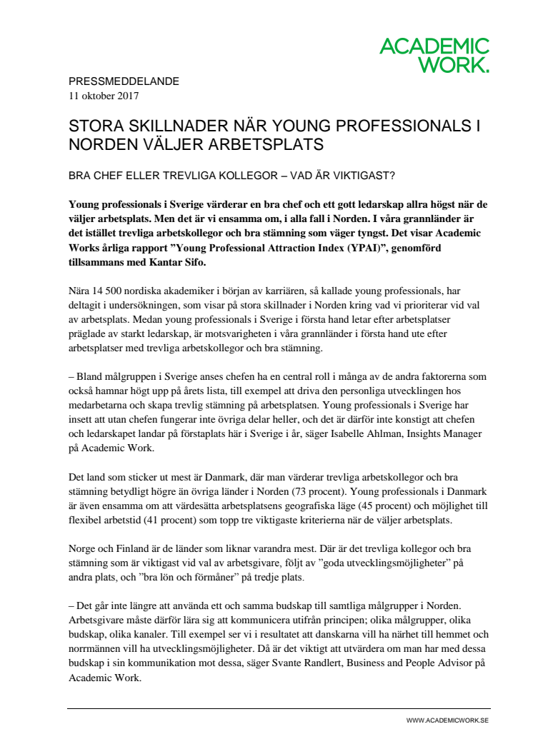 Stora skillnader när young professionals i Norden väljer arbetsplats