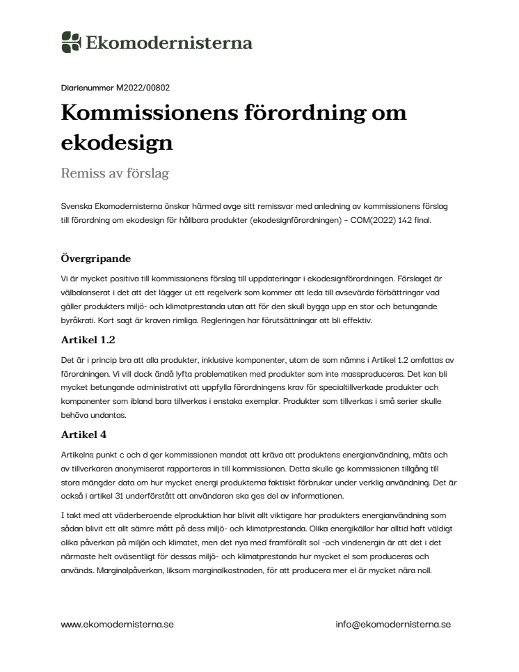 Remissvar Kommissionens förordning om ekodesign  M2022/00802