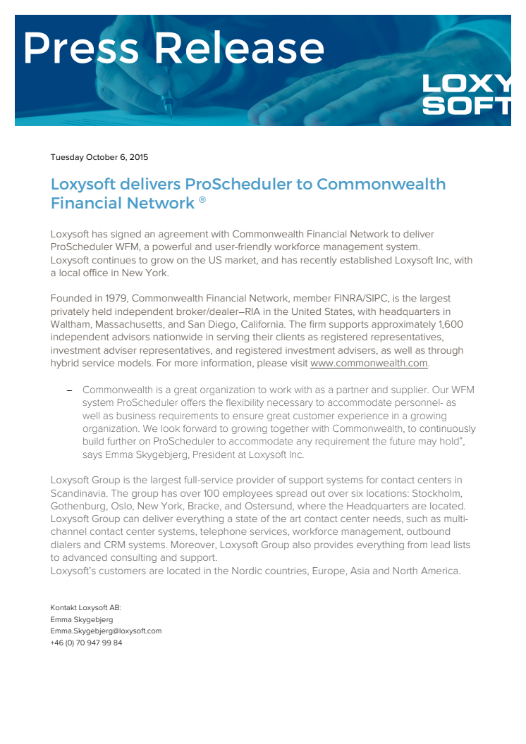 Loxysoft delivers ProScheduler to Commonwealth Financial Network ®