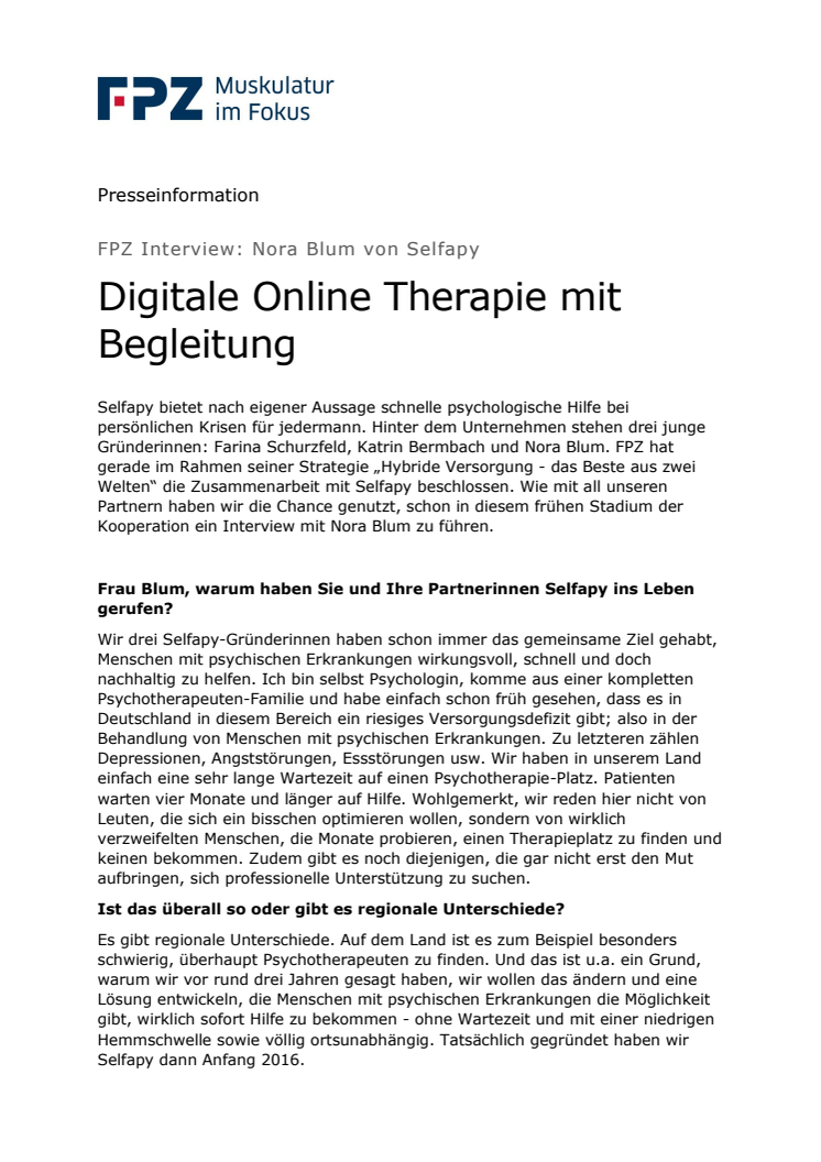 Digitale Online Therapie mit Begleitung - FPZ Interview mit Nora Blum von Selfapy 