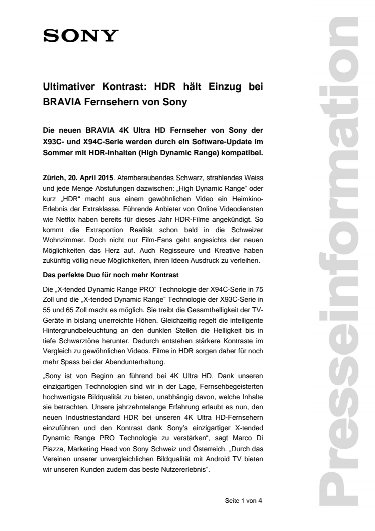 Medienmitteilung BRAVIA HDR Update von Sony