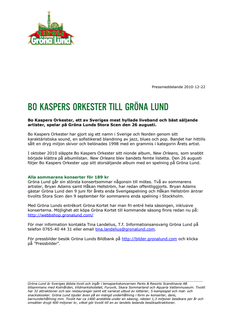 Bo Kaspers Orkester till Gröna Lund