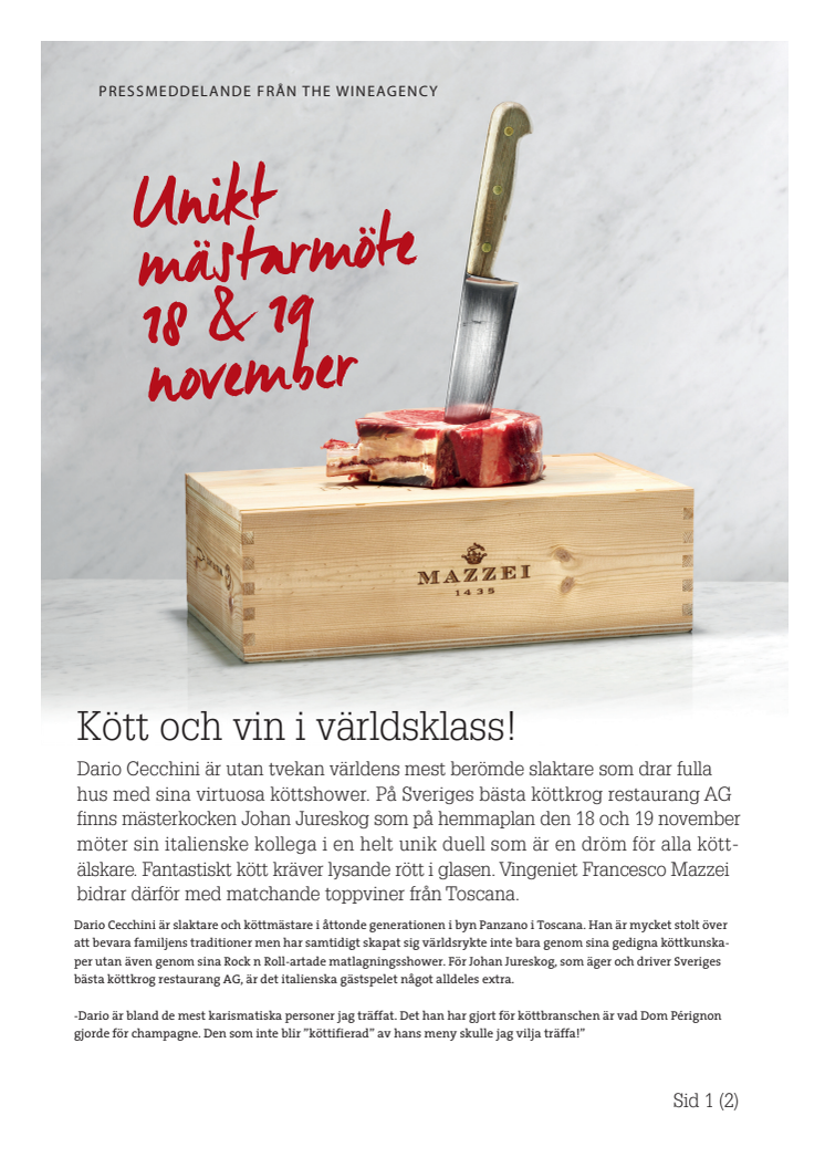 Kött och vin i världsklass på unikt mästarmöte 18 & 19 november!