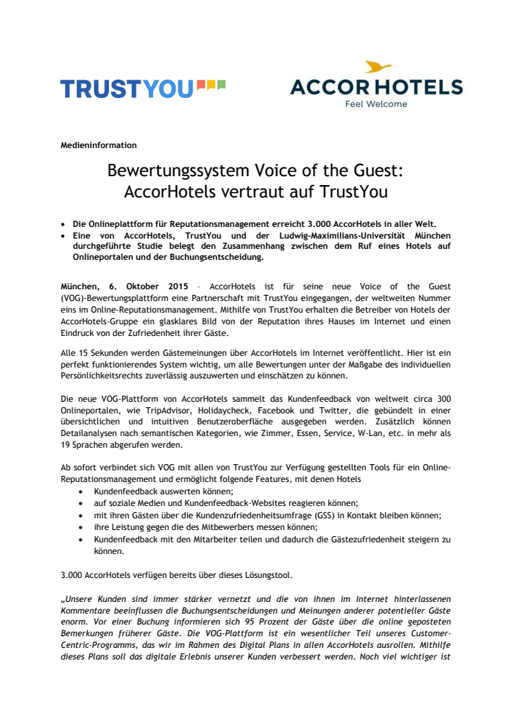 Bewertungssystem Voice of the Guest: AccorHotels vertraut auf TrustYou