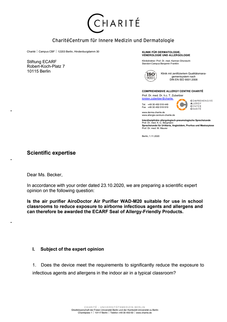 Charitè study recommends AiroDoctor air purifier for schools and classrooms