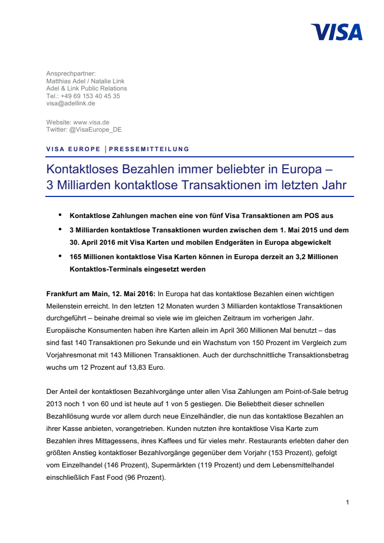 Kontaktloses Bezahlen immer beliebter in Europa - Drei Milliarden kontaktlose Transaktionen im letzten Jahr