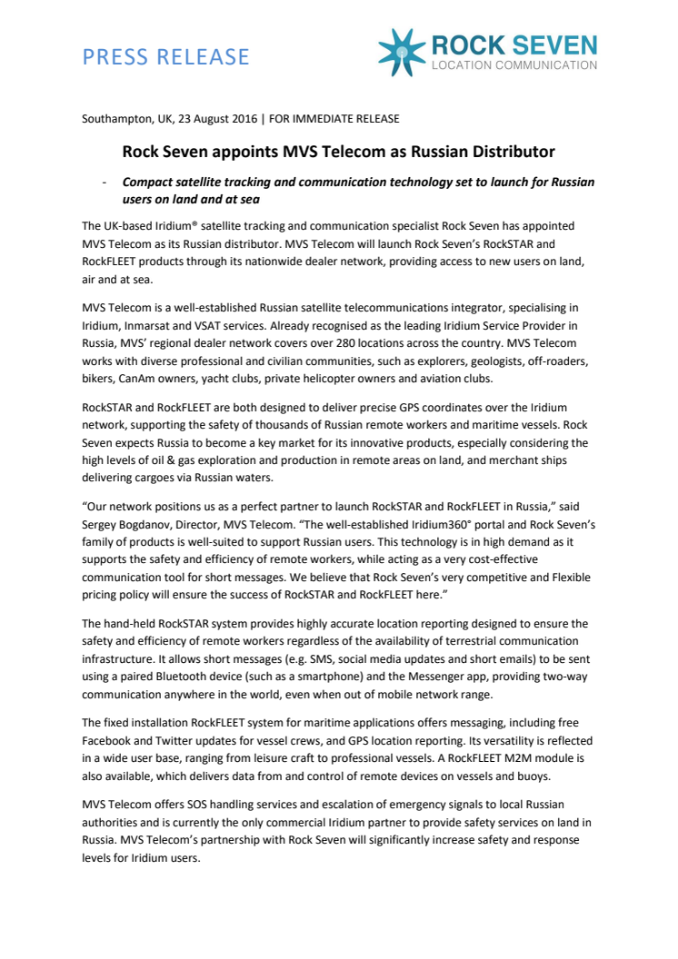 Rock Seven: MVS Telecom Appointed as Russian Distributor 