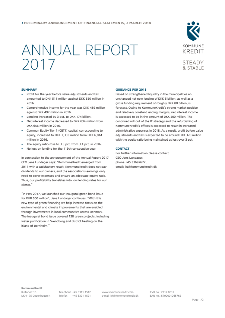 KommuneKredit announces Annual Report 2017