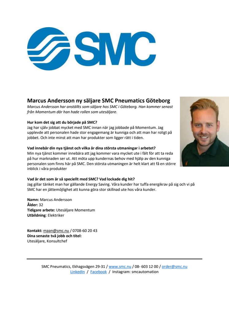 Marcus Andersson ny säljare SMC Pneumatics Göteborg