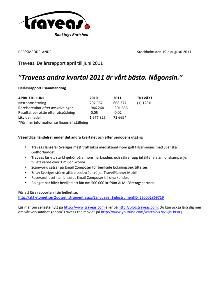 Traveas: Delårsrapport april till juni 2011