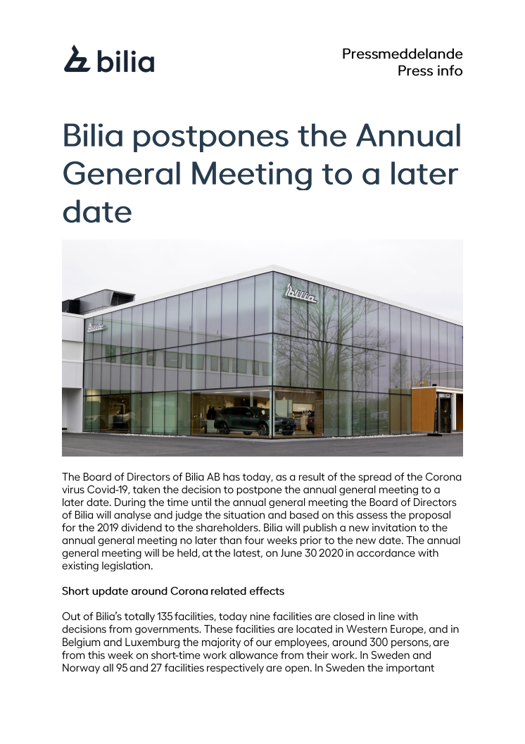 Bilia postpones the Annual General Meeting to a later date