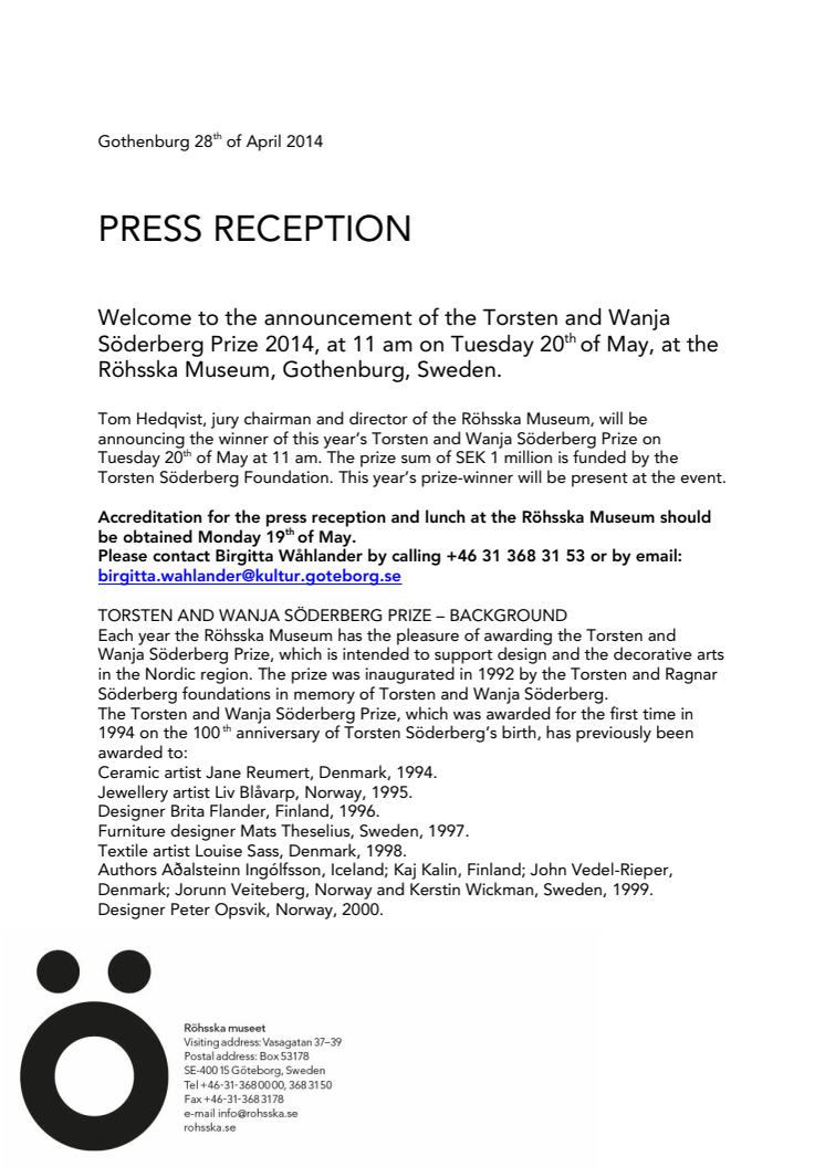 Invitation announcement Torsten and Wanja Söderberg Prize 2014, the Röhsska Museum 