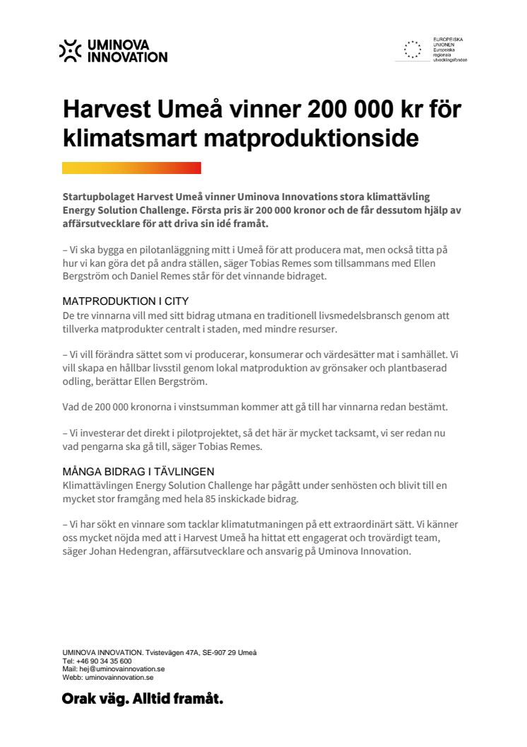 Harvest Umeå vinner 200 000 kr för klimatsmart matproduktionsidé