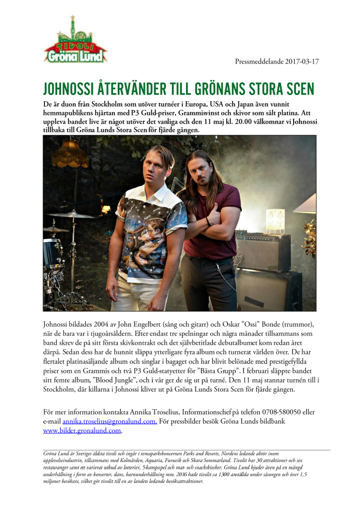 Johnossi återvänder till Grönans Stora Scen