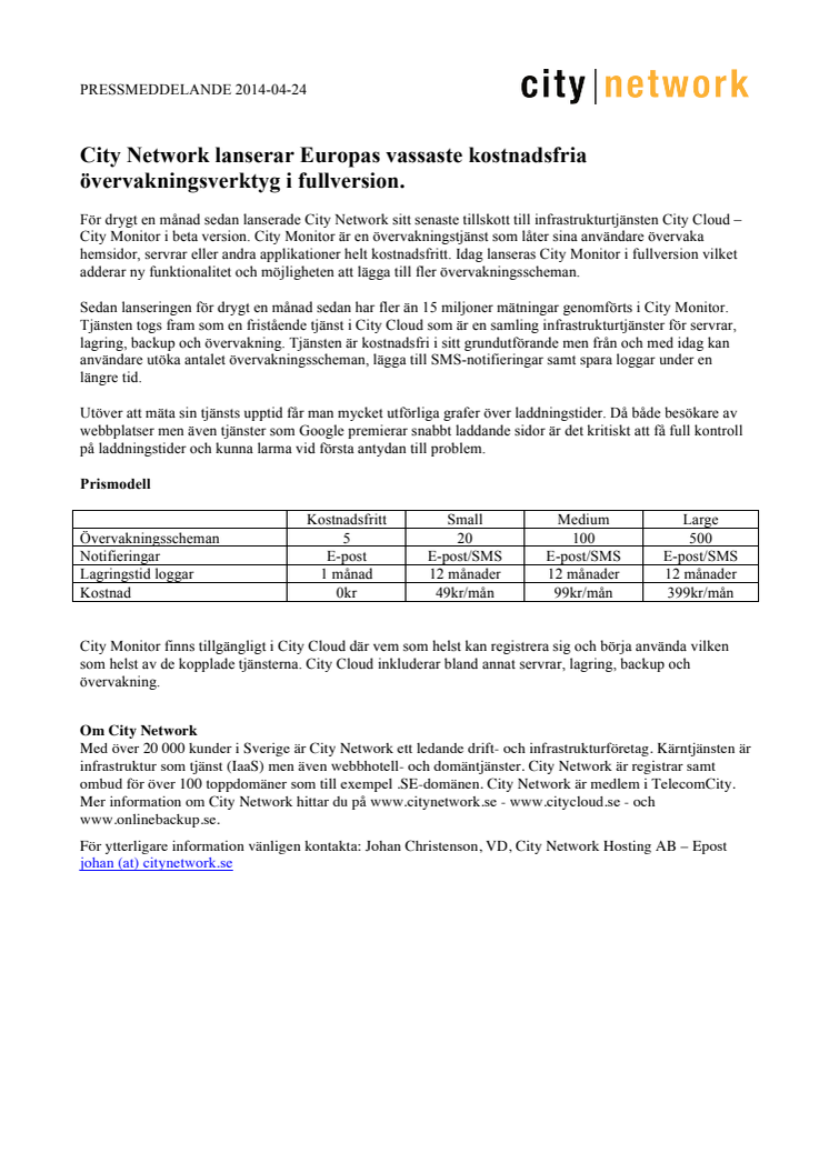 City Network lanserar Europas vassaste kostnadsfria övervakningsverktyg i fullversion