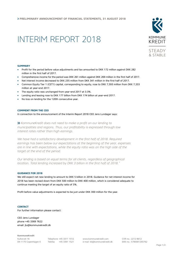 KommuneKredit announces Interim Report 2018