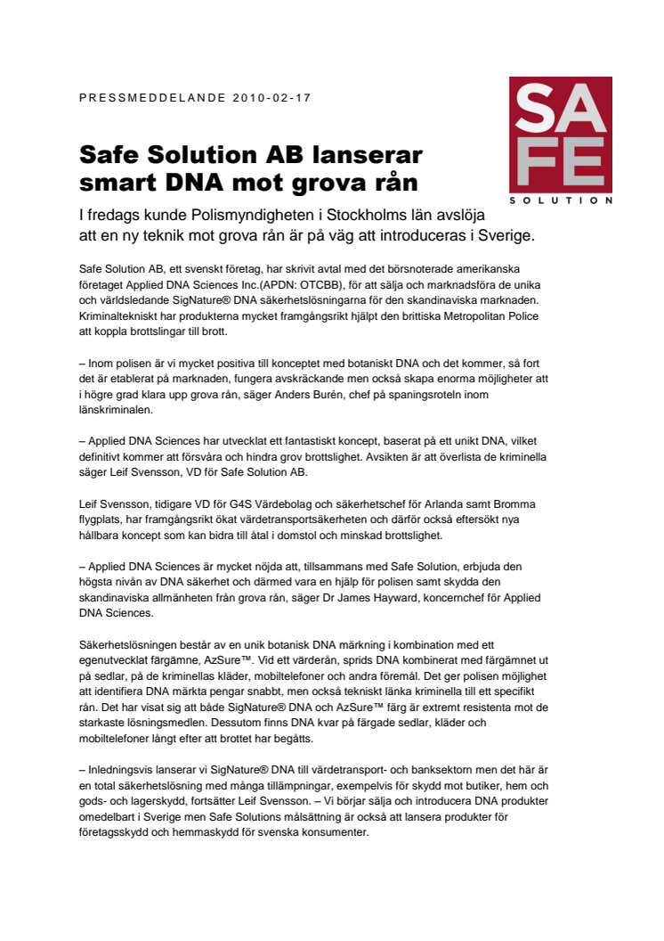Safe Solution AB lanserar smart DNA mot grova rån och inbrott 