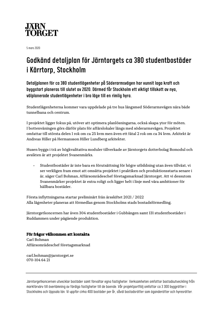 Godkänd detaljplan för Järntorgets ca 380 studentbostäder  i Kärrtorp, Stockholm