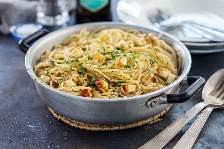 Receptbild Spaghetti carbonara med halloumi