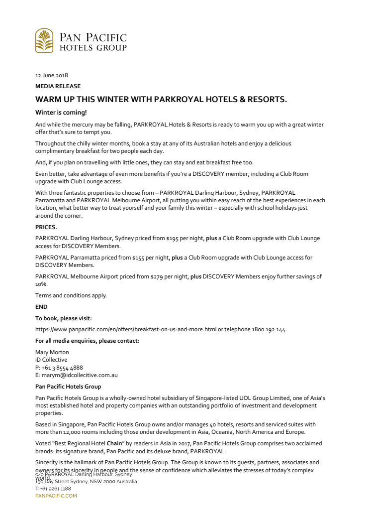 Warm up this Winter with PARKROYAL Hotels & Resorts 