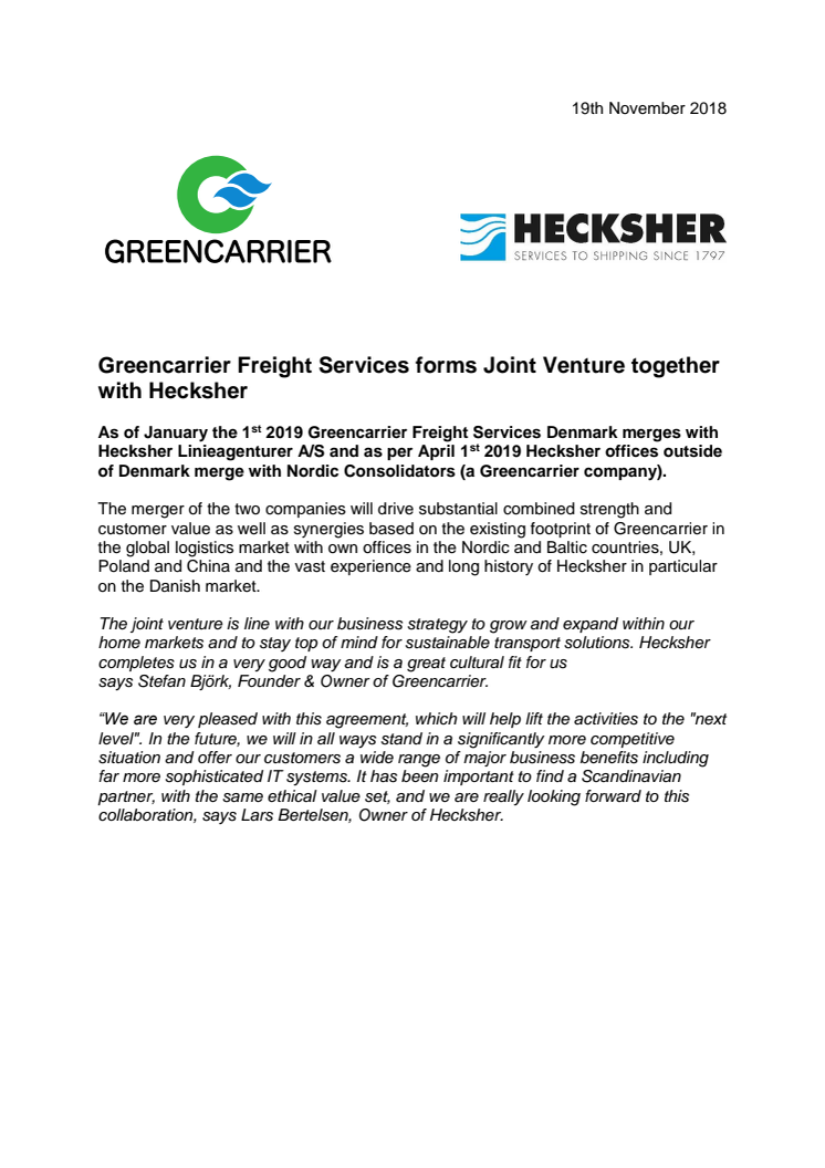 Greencarrier Freight Services forms Joint Venture together with Hecksher