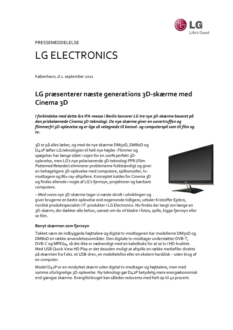 LG præsenterer næste generations 3D-skærme med Cinema 3D