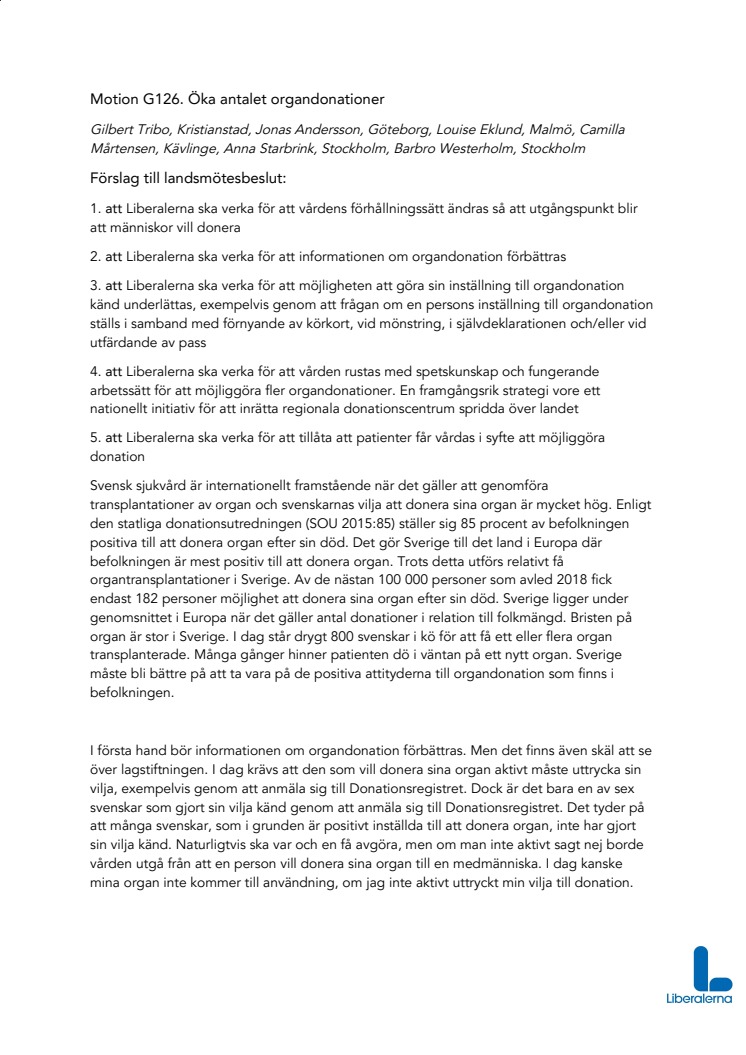 Motion G126. Öka antalet organdonationer