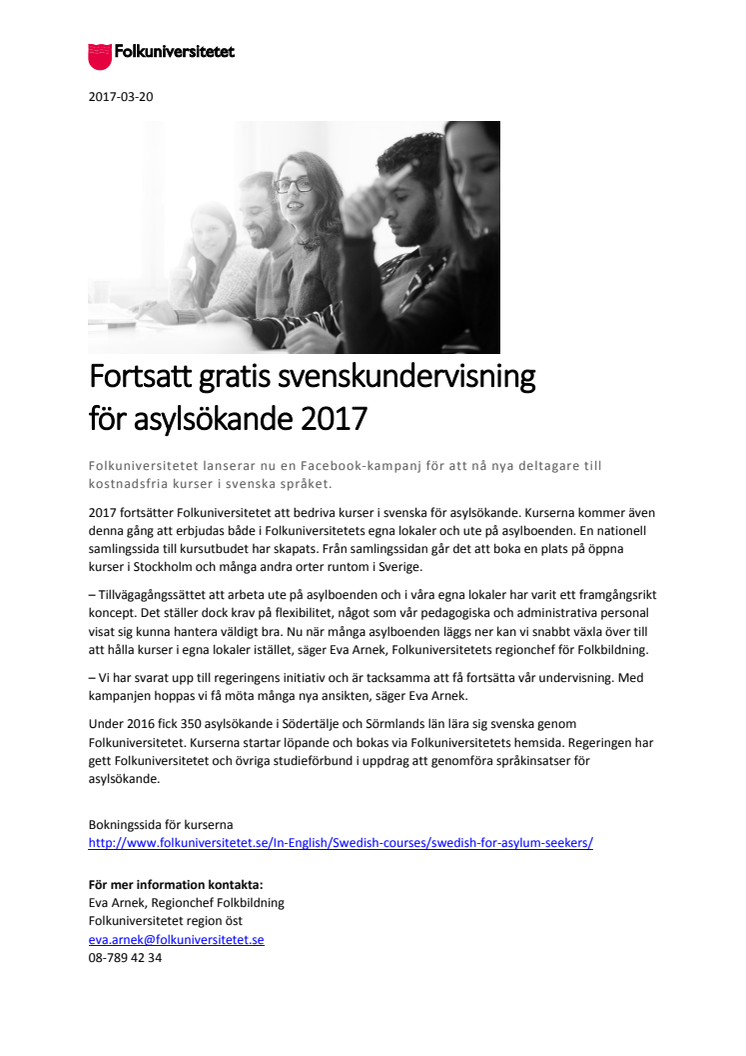 Fortsatt gratis svenskundervisning  för asylsökande 2017