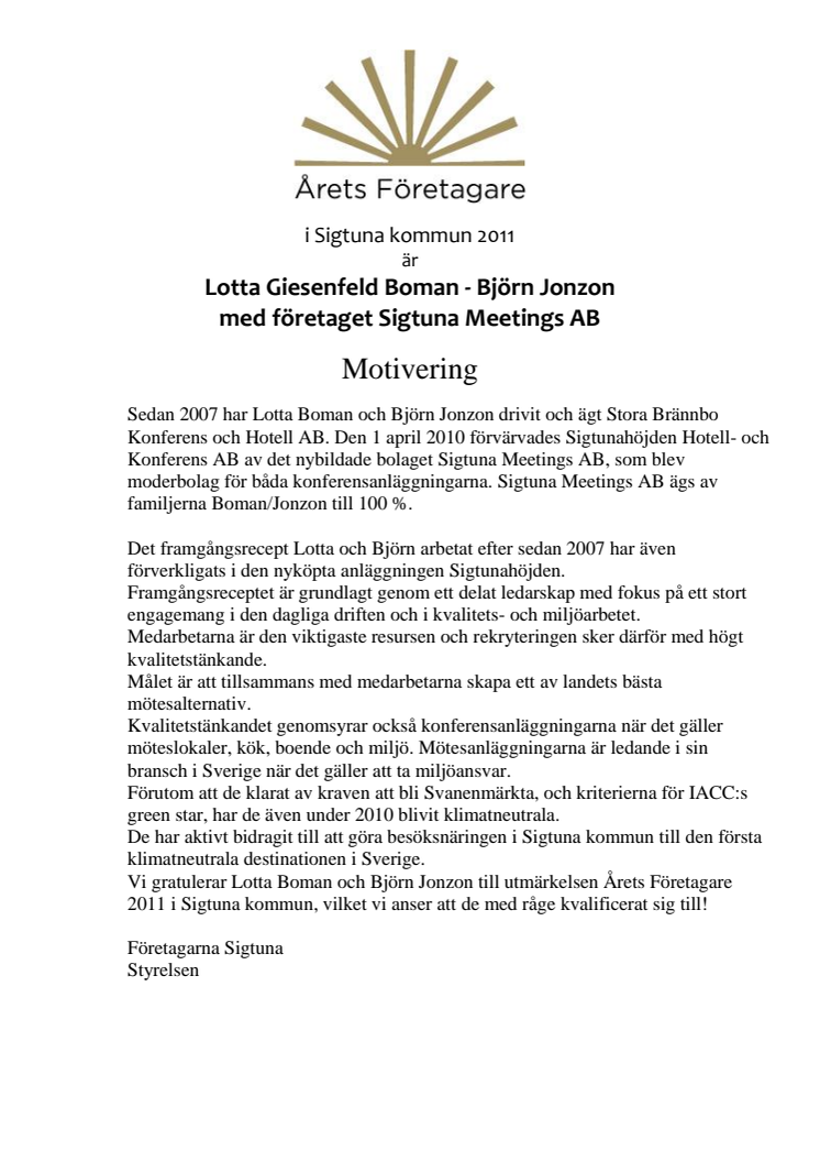 Sigtuna Meetings årets företagare i Sigtuna kommun